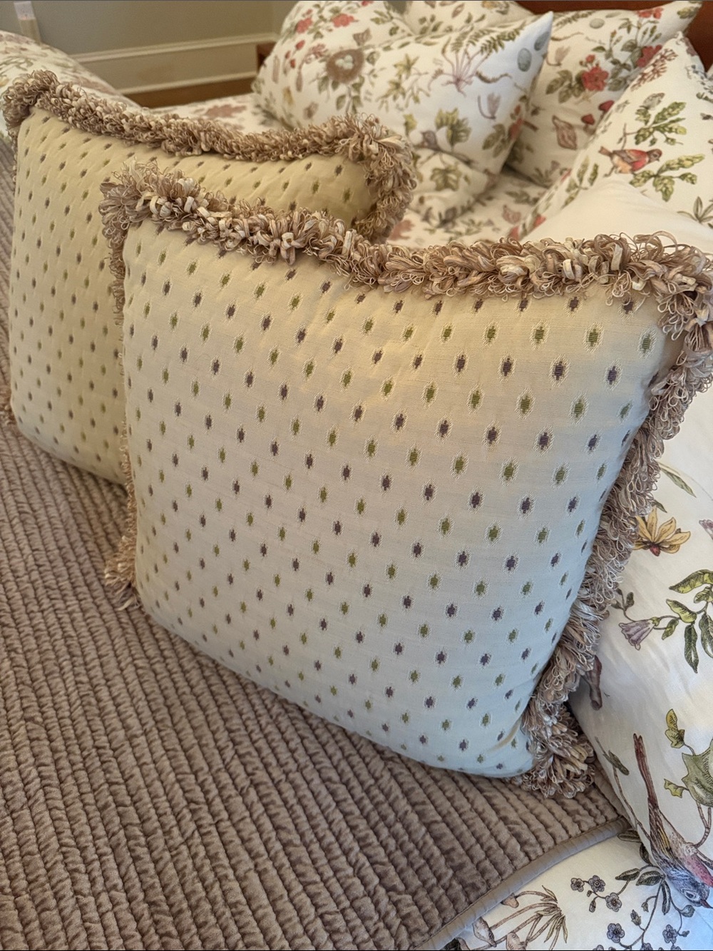 Custom Made Cream Accent Pillows with Taupe Fringe & Subtle Lavender & Sage Dots